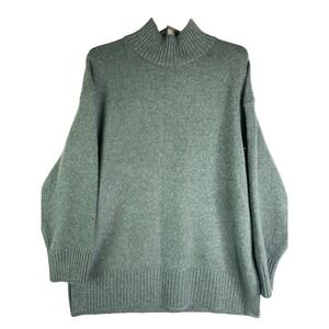 Oversized Green Wool Blend Pullover Collared Mock Neck Tunic Split Hem Sweater S